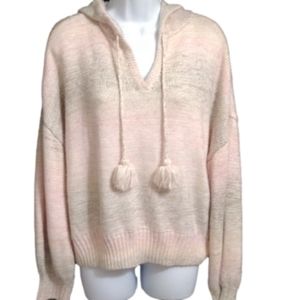 Design 365 Pink tan hooded marled  v neck sweater with tassels